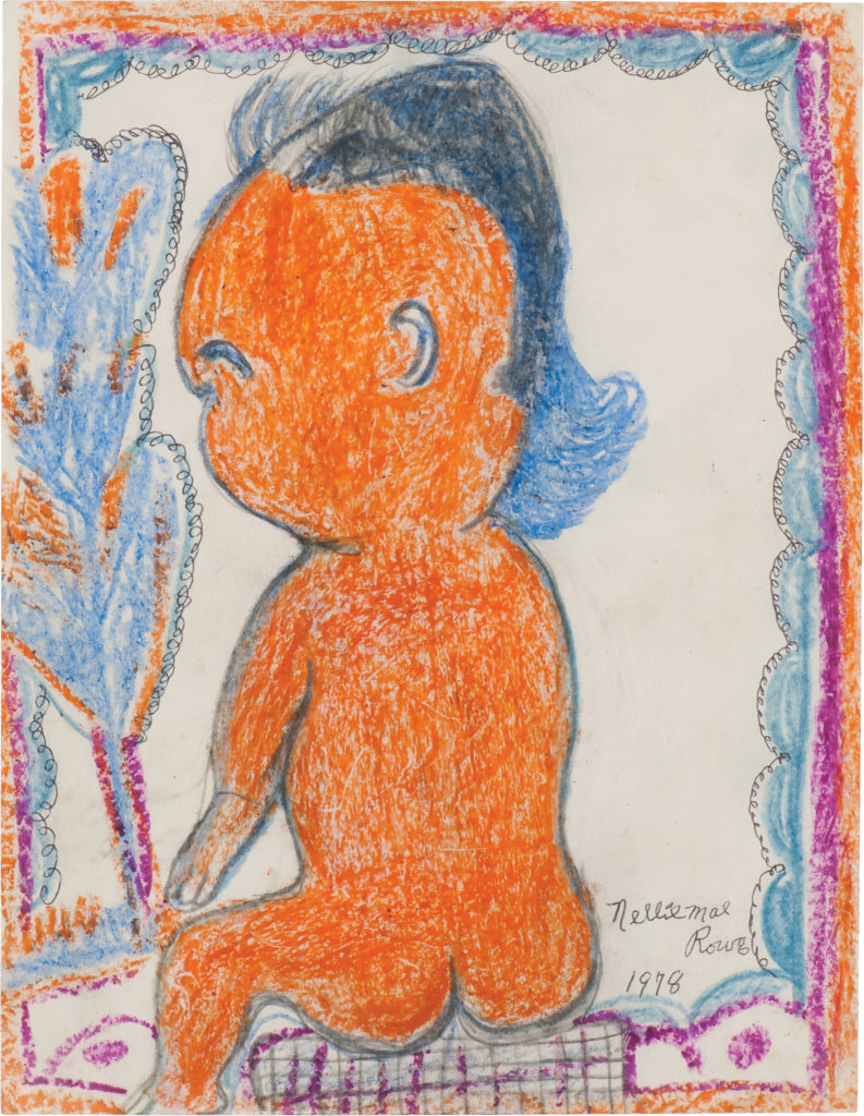 Drawing of the backside of a nude figure with bright orange skin and blue-black hair, sitting atop a plaid pattern and framed by blue, purple, and orange borders.
