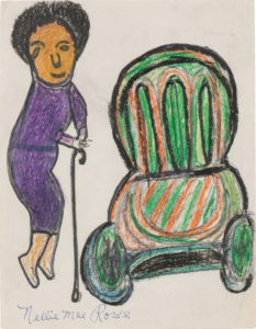 Drawing of a woman in a purple dress holding a skinny, black cane next to a green and orange chair.