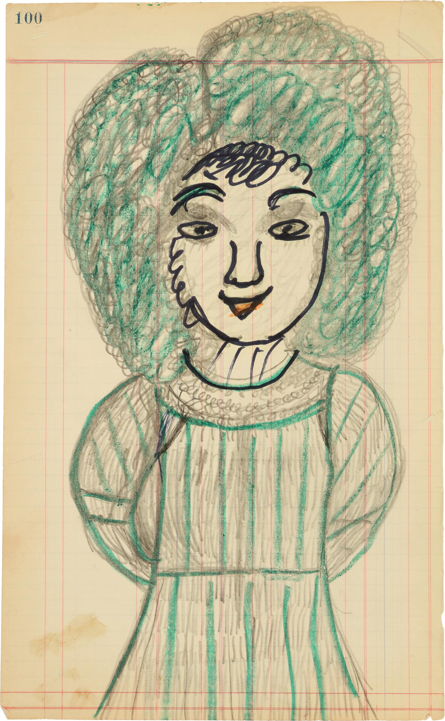 Drawing of a figure from the waist up, wearing a dress with green stripes and frilly collar, black marker outlining the facial features, and lead and green-colored curly hair.