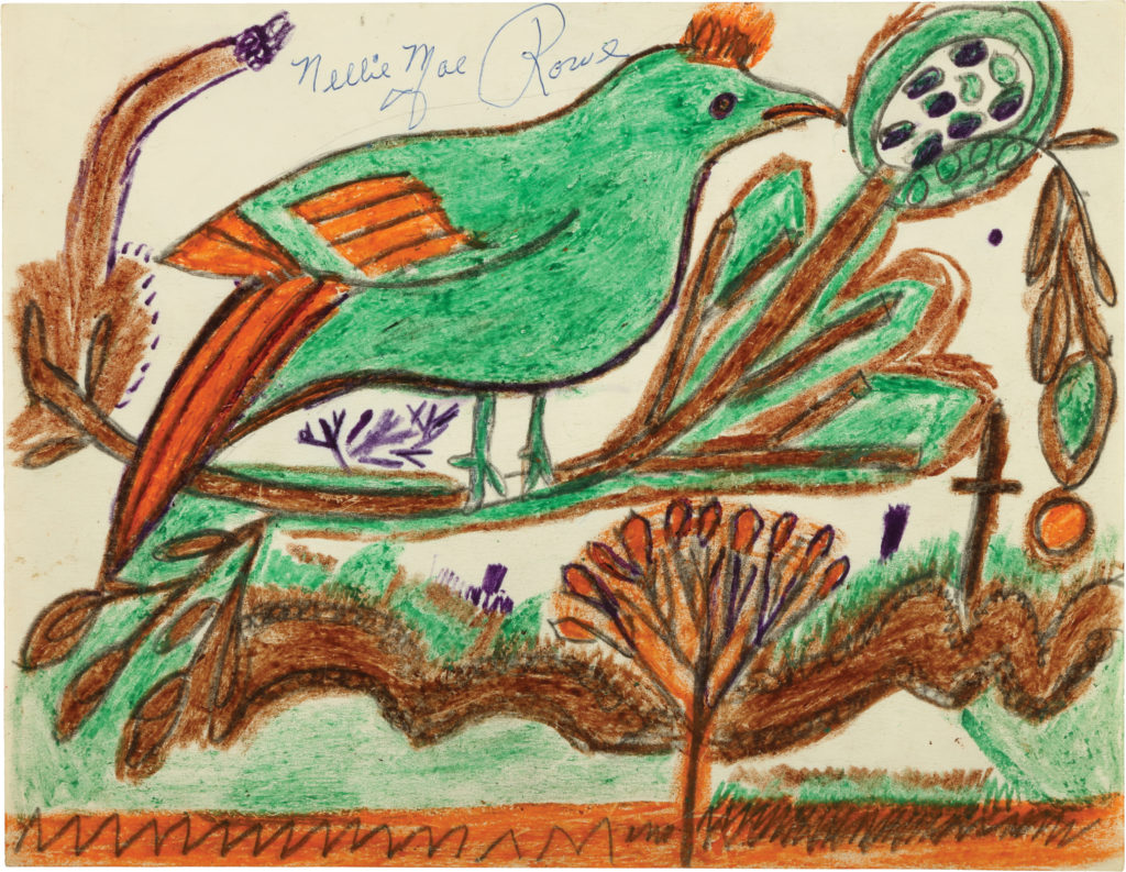 Colorful depiction of a green and orange bird perched atop a green and brown branch, various plant shapes drawn below and artist signature at the top.