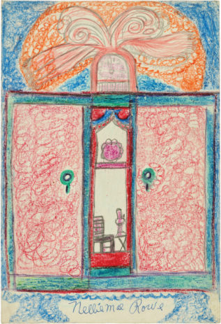 Drawing of two large red doors with blue handles and doorframes; between the doors, a slim glimpse into interior with red chair; a large, orange, peacock-shaped decoration above door.
