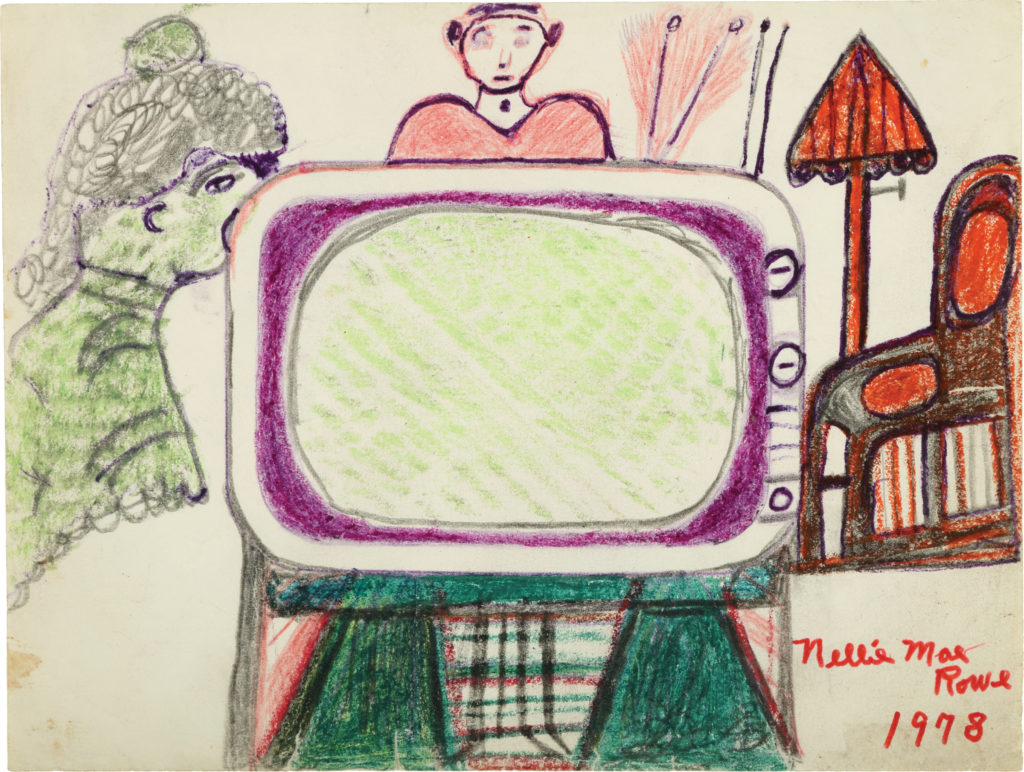 Drawing of old-fashioned TV with purple rim, blank screen, and two figures—green one on the left and one above television wearing red shirt; red-brown chair and lamp on right.
