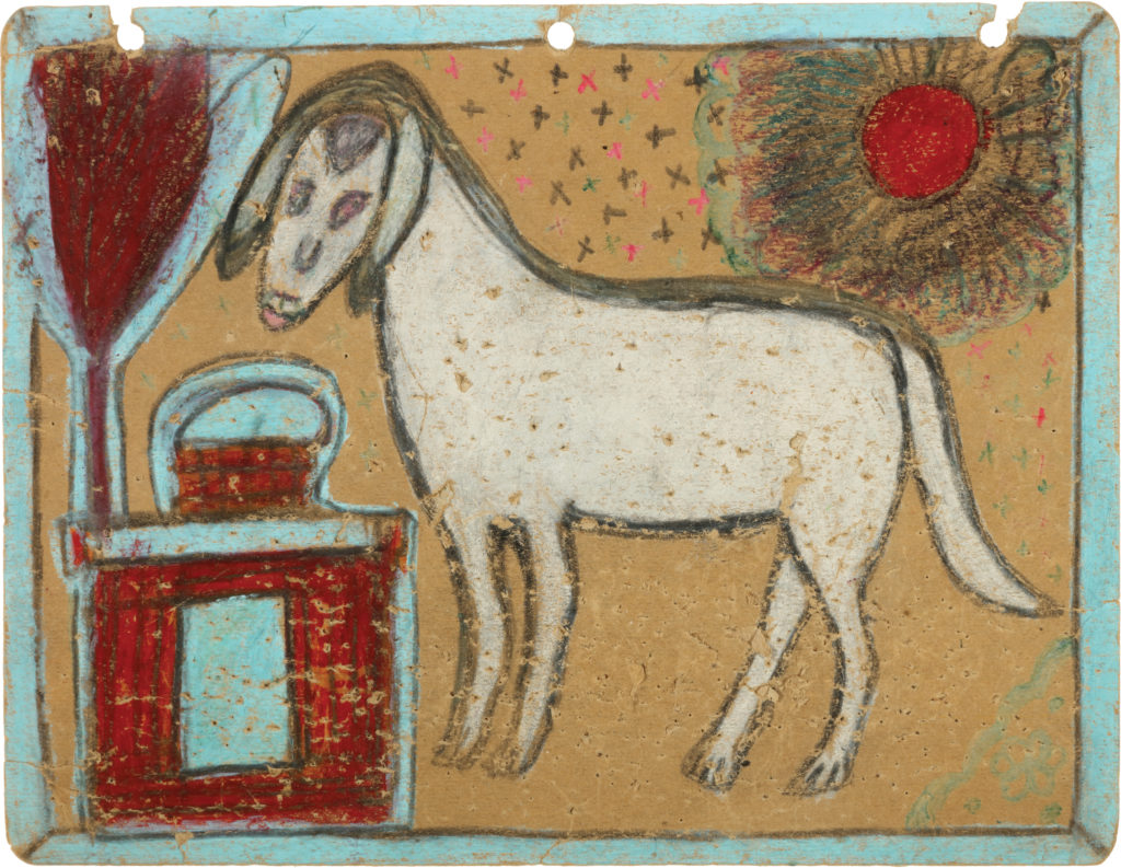 White sheep with long tail, outlined in black, on a tan cardboard background with an aqua border and red square drawing in left corner.
