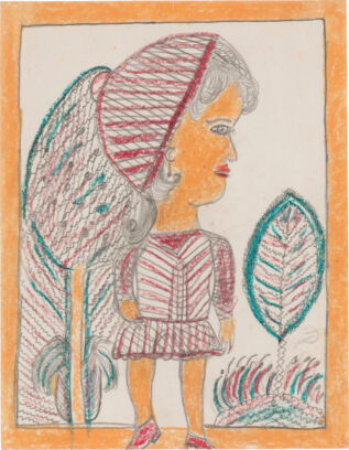 Standing female figure with orange skin, face turned to the right, and crosshatched dress and hat in red, graphite, and white; two trees in squiggled blue lines behind her.