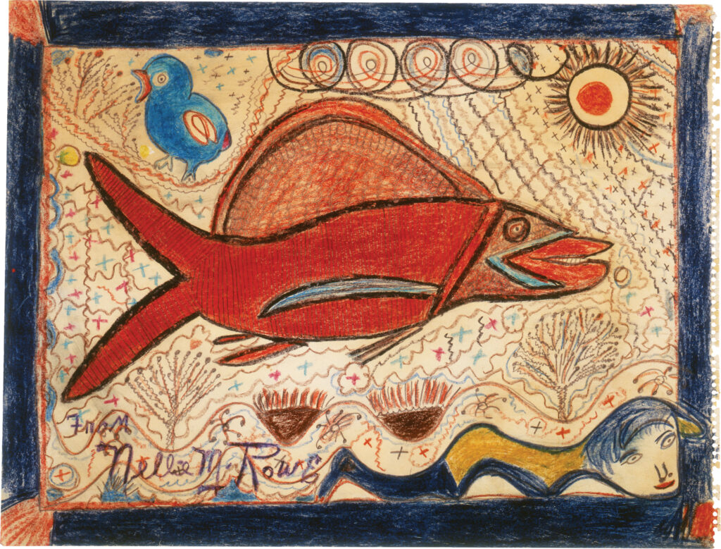 Navy blue bordered drawing of bright red fish with split tail and curved top fin, a tiny blue bird in upper left and snake with human head in bottom right.