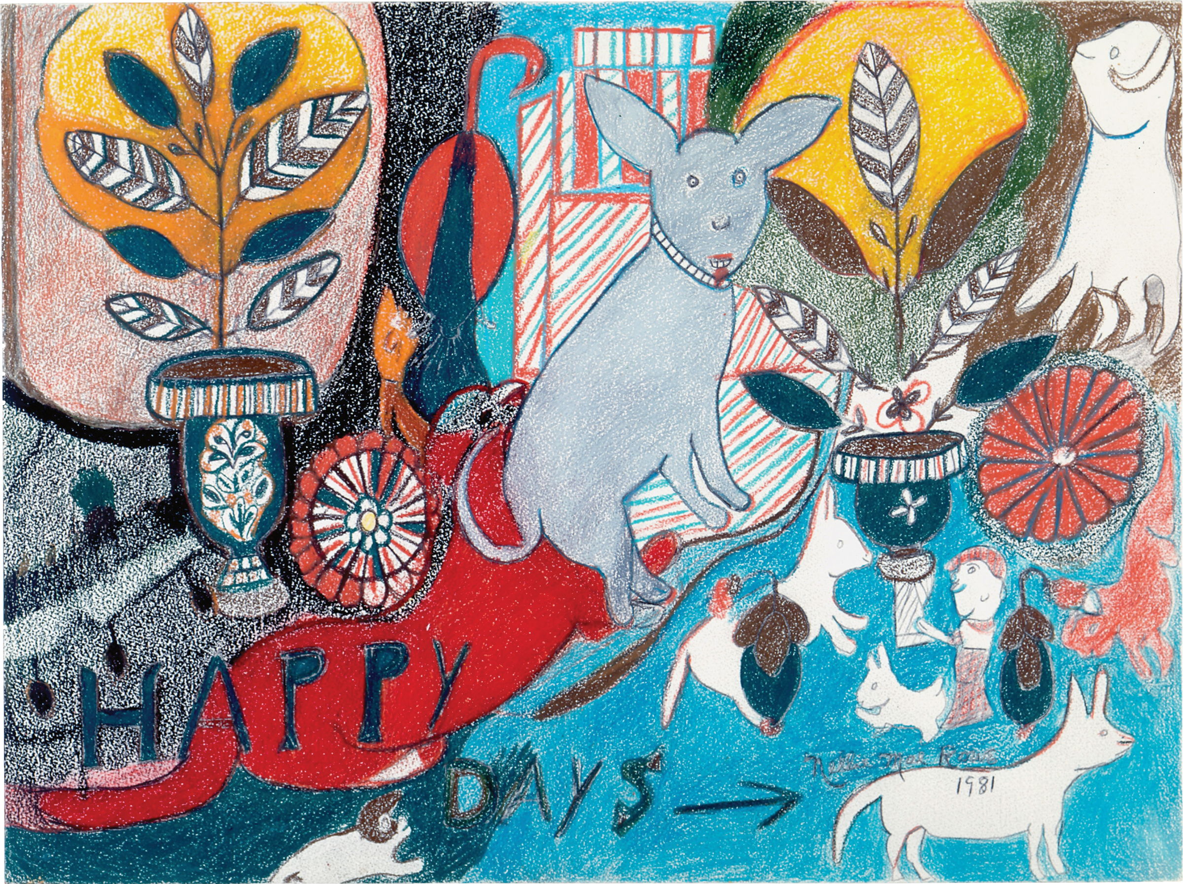 Several plants and animals are depicted in a black, cerulean blue, green, and red background; the bottom of the artwork says, “Happy Days” with an arrow pointing to the right.