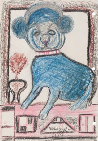 Crayon drawing of blue, poodle-like dog with red and white collar sitting atop a red, white, and black area of geometric shapes.