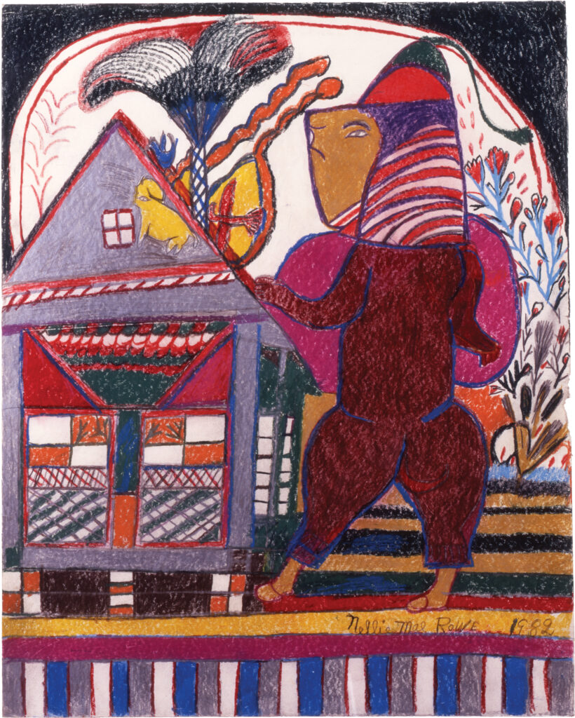 A large creature with a muscular red body steps toward a lavender house with multiple ornately designed rooms; the background comprises multicolored stripes below and depictions of plants above.