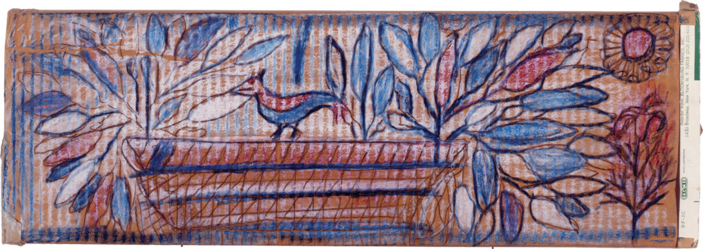Drawing of a small bird-like animal atop a striped platform in front of two large, leafed plants all colored in blue, red and white.