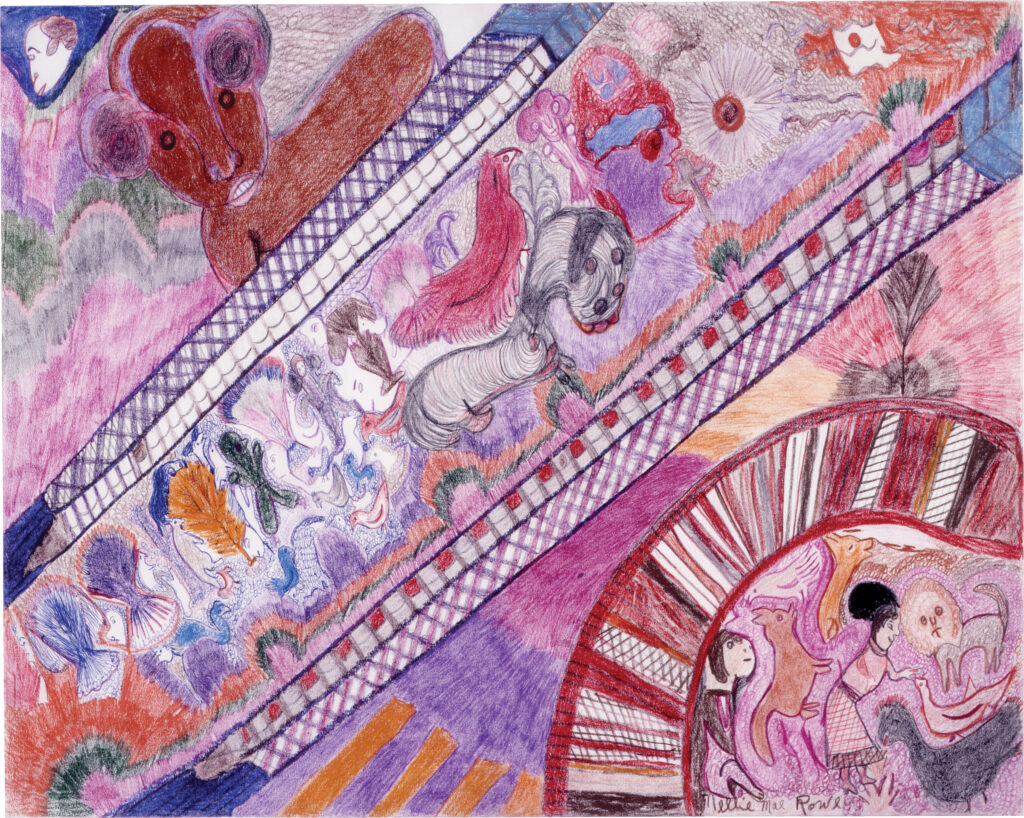Assorted creatures walk diagonally on a violet, green, and magenta path; a woman feeding animals is depicted below the path in a red-striped enclosed space.