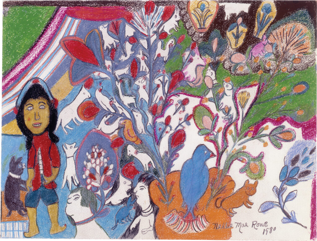 A smiling girl in a red vest stands among dogs, birds, plants, and other figures; a blue bird sits between two large trees sprouting from a patch of orange with small animals among the foliage.