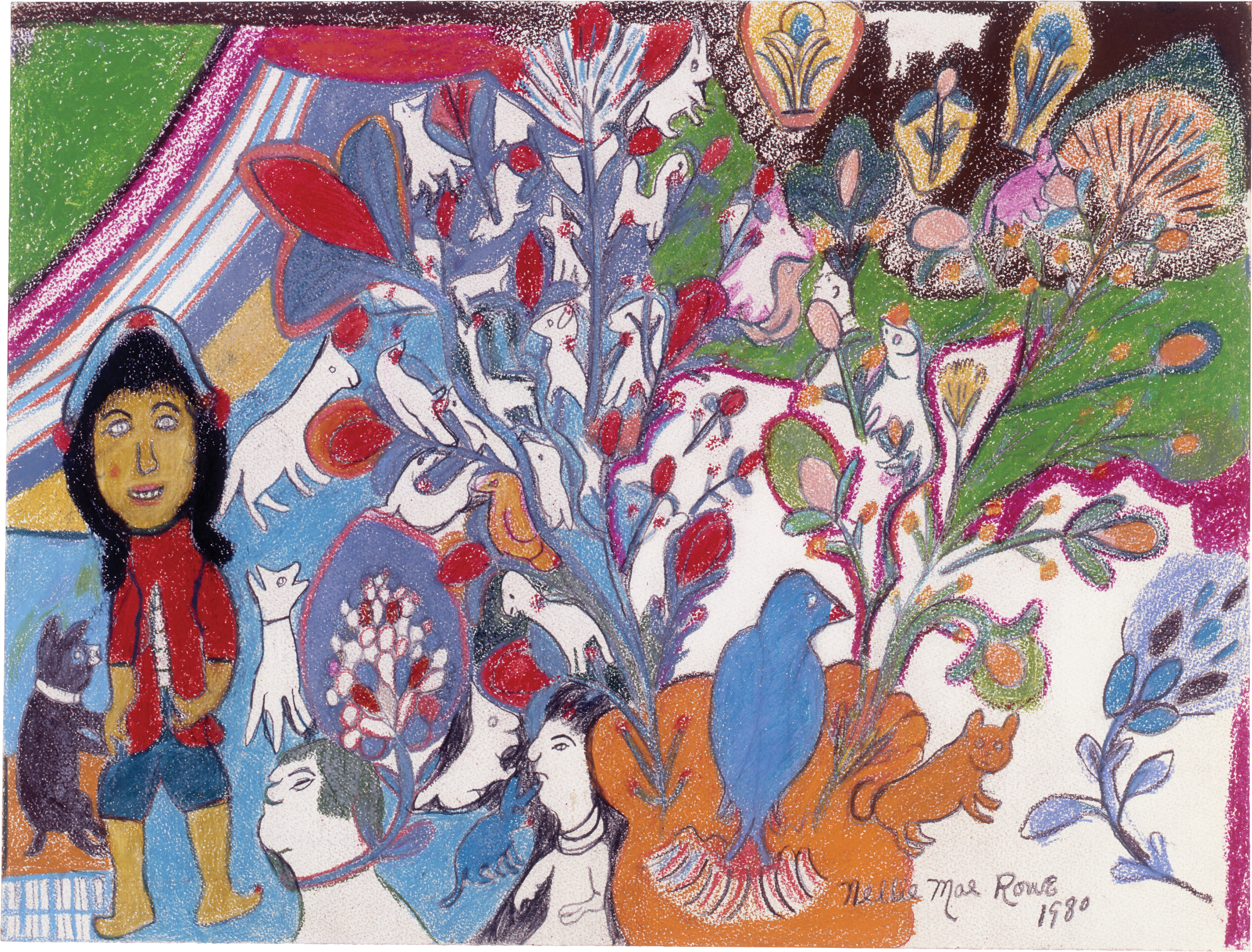 A smiling girl in a red vest stands among dogs, birds, plants, and other figures; a blue bird sits between two large trees sprouting from a patch of orange with small animals among the foliage.