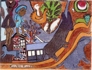 A brown doglike figure walks up a terra-cotta-colored road; in the background is a house with several figures in and around it.