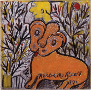 A large orange doglike creature sits among several dark brown and black trees against a murky yellow and brown background.