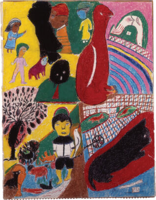 Four scenes: several humans and animal forms play on a yellow background; a large red bird faces a pink-and-blue striped background; a boy steps into a pond with several animals; a large black cat lounges on a red rug.