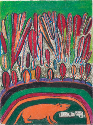 An orange rodent-like creature crouches in a dark green background below a multicolored forest.