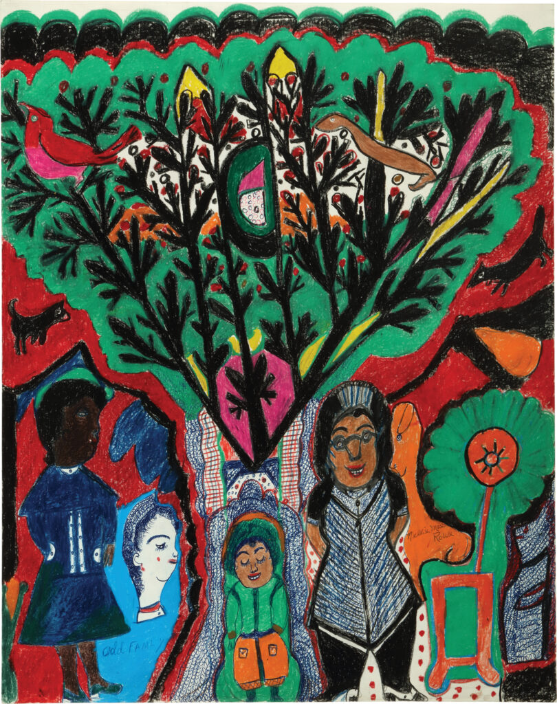 Four human forms stand under the canopy of a large tree with birds in the foliage; two of the figures look solemn and face the others, who have wide smiles; “Odd Family” is written among the figures.