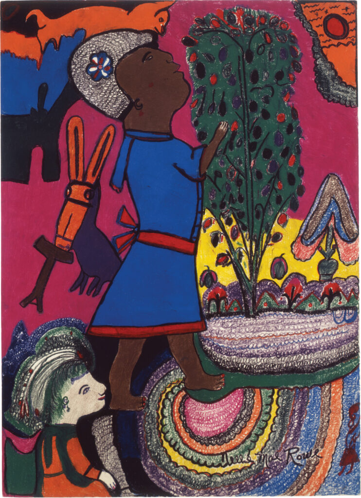 A brown woman wearing a blue dress steps toward a tree; several animals and a woman with light skin surround her within a multicolored background.