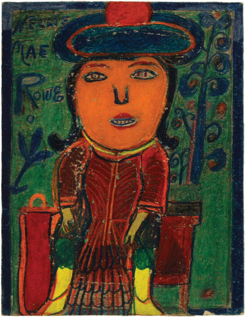 Crayon drawing of a large-headed woman with orange skin, a deep red dress, and multicolored hat against a forest green background; artist signature in top-left corner.