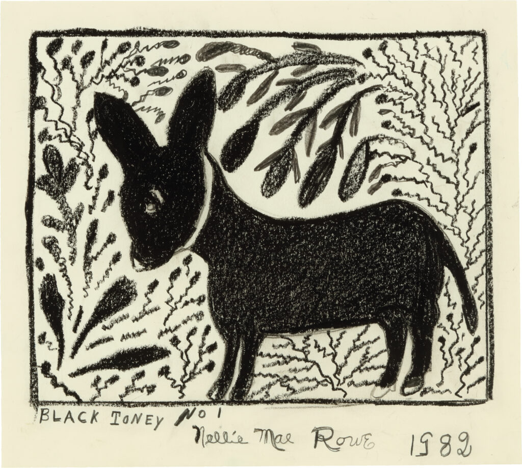 A large crayon-drawn black dog stands with its head downcast among black plants on a white background.