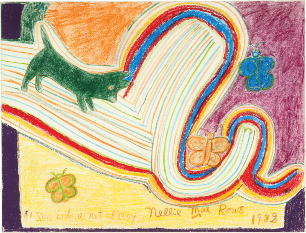 A green foxlike creature walks on a large striped and spiraling path, which veers upward, blocking the creature; the text below reads, “I Run into a net oh Boy.”