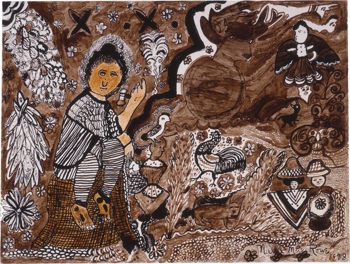 A seated human figure wearing an intricate striped and scalloped garment is surrounded by animals, flowers, and small human forms, all against a dark brown marker background.