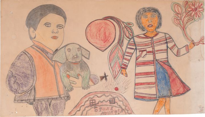 Colored pencil drawing on cardboard of man in an orange vest holding a small dog and a woman in a red-white striped coat, over blue dress, holding oversized red flower. Between them at the bottom of the page is a small hill with the words “Stone Mountin.”