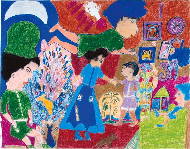 A woman in a long blue dress hands a child fruit; they are surrounded by two seated human figures and one flying overhead, all against a multicolored background including numbers and portraits.