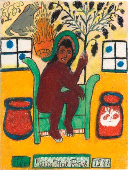 A smiling, naked brown woman sits on a green chair positioned in front of a tree; two pots are on either side of the chair, and text at the bottom reads, “Sad Time.”