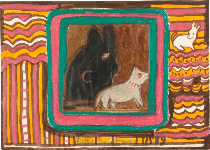 A pink, brown, and yellow patterned background surrounds a pink-and-green striped frame with two animals inside, one black and one white.