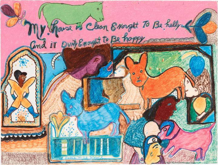 A scene depicts several animals and human figures of various colors and sizes; text above the scene across a pink background reads, “My house is Clean Enough to Be Healthy and it Durty Enough To Be happy.”