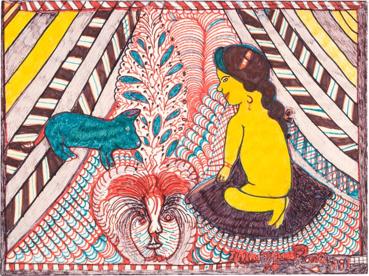 A nude, yellow-skinned woman with long brown hair kneels on a purple rug; she is surrounded by an ornate background with orange and blue scalloping details and a blue four-legged creature.